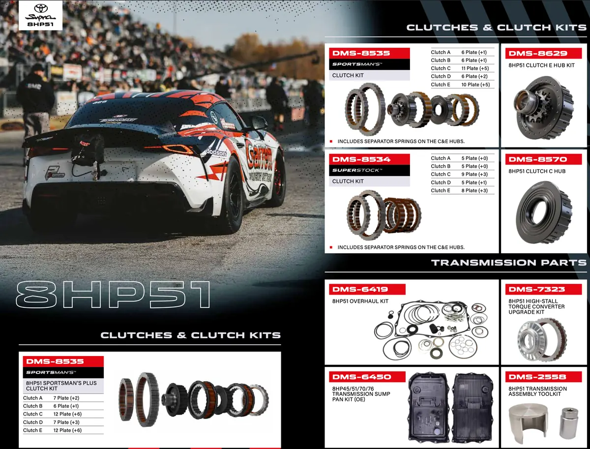 Dodson-liveried Toyota Supra at the drag strip, from Dodson’s 8HP51 catalog