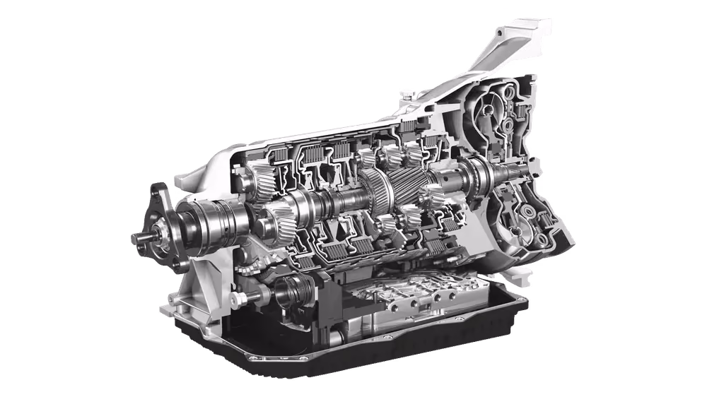 Transmission cutaway showing the gear train, clutch packs and lower valve body